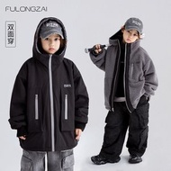親子裝冬中大童男女兒童加厚外套運動戶外衝鋒衣羊羔毛雙面兩面穿