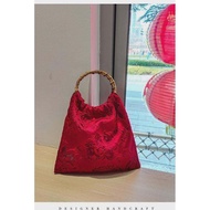 Red Wedding Bridesmaid Handbag Wicker Weave Portable Bamboo Node Chinese Style Womens Bag for Hanfu 
