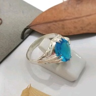925 Pure Silver Men's Batik Design Ring With 10x12mm Light Blue CZ Stone. Cincin Perak Lelaki Batu Permata Zircon.