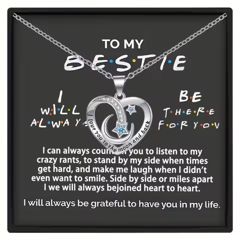 Elegant Fashion Heart With Star Moon Pendant Necklace With Card & Gift Box, Holiday Birthday Gift Fo