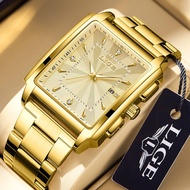 LIGE Men Watch Fashion Square Watch Luxury Gold Stainless steel Waterproof Chronograph Quartz Watch