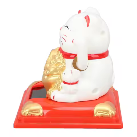 Plastic Solar Lucky Cat Figurine White & Yellow Lucky Cat Auto Waving Fortune Cat 3.19x3.86in Car Da