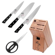 【KAI 貝印】關孫六日本製刀具5件組 附刀座 (三德菜刀/牛刀/主廚刀/料理剪刀/廚房剪刀/刀架)