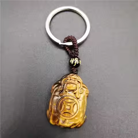 Natural Yellow Tiger eye KeyChain Carved Chinese Dragon Turtle KeyChain Lucky Amulet Bring Wealth Me