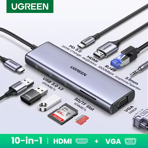UGREEN USB HUB Type-C to 4K HDMI VGA RJ45 PD100W 3.5mm SD&TF USB3.0 Splitter for MacBook Laptop Stea