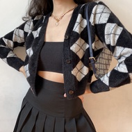 Korean Autumn Preppy Style Plaid Cardigan Women Long Sleeve Knitted Argyle Sweater
