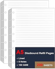 (2 Pack) A5 TUL Discbound Lined Refill Paper, 8 Disc Hole Punched Ruled Filler Paper, Junior Size Refills Paper, 200Sheets / 400Pages, Loose-Leaf Paper, 100gsm Paper, 5.8 X 8.3 Inch
