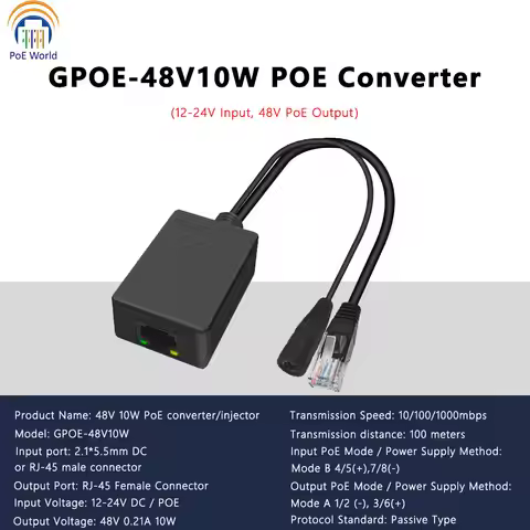 Gigabit PoE Injector PoE Converter 24V Passive PoE to 48V PoE 12-24V DC Convert to 48V 802.3af PoE F