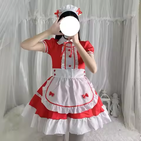 Sweet Lolita Dress French Maid Costume Women Short Sleeves Halloween Mini Waiter Waitress Dress Cute
