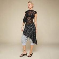 Cap Sleeve Asymmetric Lace Midi Dress /Y2K Summer Clothes For Women Black Dresses Short Sleeve Dress