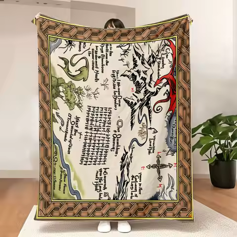 Inspired Fantasy Map Blanket - Ornate Brown Border with Shire River, Hobbiton, Dragon, and Whimsical