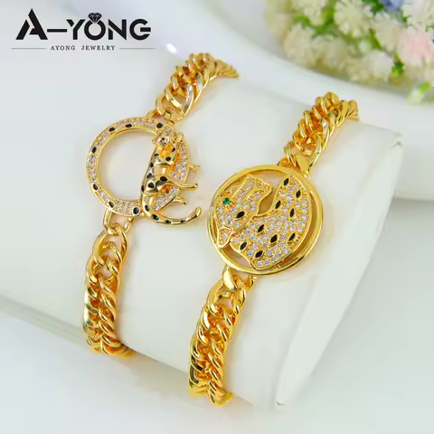 Luxury Zircon Gold Leopard Bracelet 21k Gold Plated Brazilian Punk Panther Bangles Arab Dubai Women 