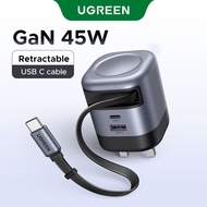 【Retractable Cable】UGREEN 45W 3 Ports GaN Retractable 75cm Cable USB A USB C Fast Charger for iPhone