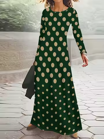 Printed design Casual Style Green Dress With Beige Polka Dots Round Neck Long Sleeve Dress