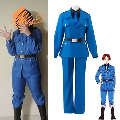 APH Hetalia North Italy Feliciano Vargas Cosplay Costume Wigs Adult Blue Military Uniform Coat+Shirt