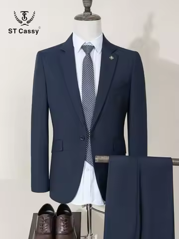 ST Cassy Dark Blue Men's Suit Slim Fit Solid Color Suit Formal Business Office Single Breasted Coat