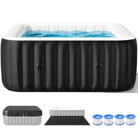 Square Inflatable Hot Tub 4-6 Person, 130 Air Jets Heater Pump Cover, Leak-Proof PVC Outdoor Spa 73"