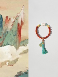 原創手工扎基拉姆猛獁南紅好運手串和田玉龍紋墜流蘇手鏈生日禮物