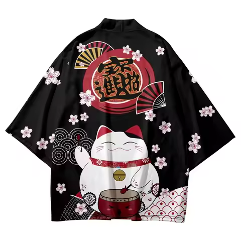 Unisex Maneki Neko Lucky Cat Print Kimono Cardigan Open Front Haori 3/4 Sleeve Loose Japanese Style 