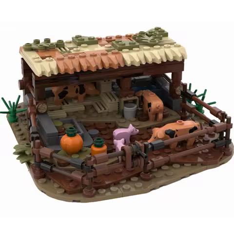 MOC Animals Farm Medieval Pigpen with Pigs 282PCS Building Blocks DIY Educational Toys for Children 