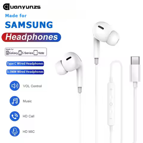 Type C Wired Earphone For Samsung Galaxy S24 S23 S22 Ultra USB-C Headphones A53 A52 A34 A54 Note 20 
