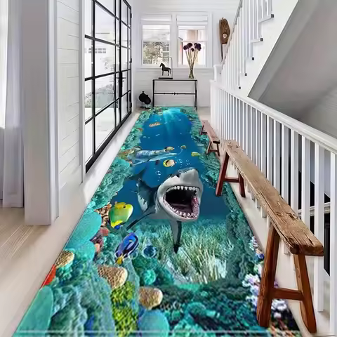 3D Autumn Running Carpet Cartoon World Shark Fish School Layout Design Carpet 3D Animal Optical Illu