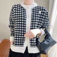 Chanel Style Korean Coat Houndstooth Cardigan Lazy Knitted Girls Sweater Short