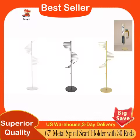 67" Freestanding Scarf Organizer, Metal Spiral Scarf Holder with 30 Rods, Commercial Hijab Organizer