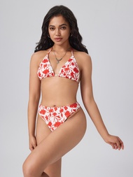 Cider Halter Floral Triangle Bikini Set