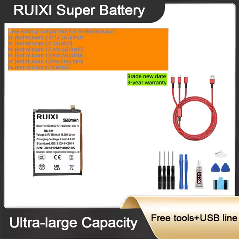 RUIXI Ultra Large Capacity Battery For Xiaomi Redmi Note 12/12 4G /12 5G/12 Pro 4G/12 Pro 5G/12Pro P