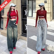 ELWYN women's wide-leg jeans, long straight-leg jeans with Korean style stripes, size SML 62914