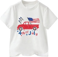 MEIBAN T-Shirt Toddler Boys 4th of July Text Pickup Trucks Print T Shirts American Flag Shirt Kids (White, 5-6 Years)