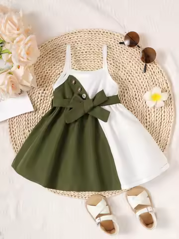 0-3 Year old Cute Baby Girl Suspender Color Blocked Lace up Dress, Toddler Baby girl Summer Casual D