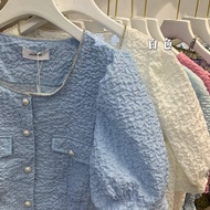 Áo Ngắn Cổ Vuông Tay Phồng Phong Cách Palace Áo Sơ Mi Nữ Mùa Hè 2021 Mới Vòng Cổ Chuỗi Khóa Ngọc Tra