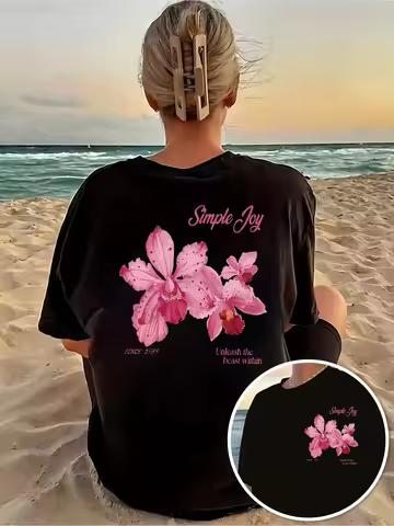 Women's Pink Orchid Print T-Shirt Sleeve Round Neck Top Summer Style T-shirt Comfortable Women's Clo