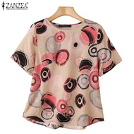 ZANZEA Women's Causal Cotton O Neck Half Sleeve Printed Blouse