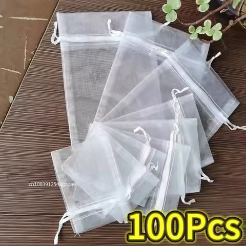 50/100PCS White Drawstring Organza Bags 7x9 9x12 10x15 15x20 20x30cm Wedding Party Jewelry Gifts Pac