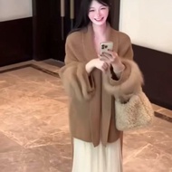 Code KV1 - Luxurious woolJacket with wide neck and fur sleeves