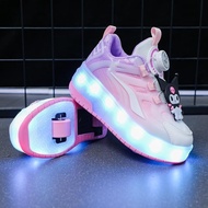 Purple Powder Rotating Buckle Roller Skates Adults Kids Two Wheel Roller Shoes Wheel Shoes USB Recha