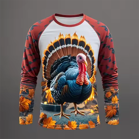 Thanksgiving Day Men's Long Sleeve Shirt 3D Turkey Print Men's Long Sleeve Clothing Street Fashion H