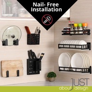 Rak Pinggan Dapur Wall Mounted Dish Rack Kitchen Pot Lid Cutlery Holder Metal Strong Adhesive 挂墙碗碟收纳