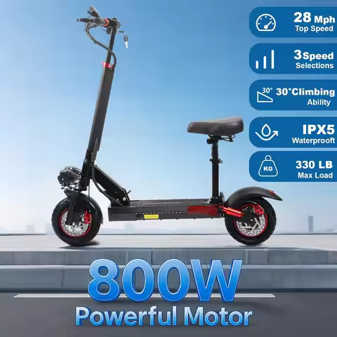 800W Foldable J01 Adult Electric Scooter with Seat, 10'' Off-road Tires, 48V 15Ah Battery, Dual Susp