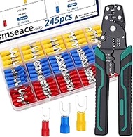 smseace 251pcs Crimping tool with #8(M4) Fork Spade Connectors 22-10AWG Wire Fork Connectors U-Type 