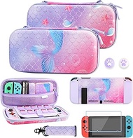 GLDRAM Mermaid Tail Carrying Case Compatible with Nintendo Switch, Purple Case Bundle with Travel Case, Hard PC Shell, Screen Protector, Thumb Caps, Shoulder Strap, Cute Accessories Kit for Girls