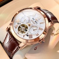 นาฬิกาข้อมือชาย Olevs Automatic Mechanical Hollow out Leather Belt นาฬิกาข้อมือชายสไตล์ยุโรปแบบทันสม