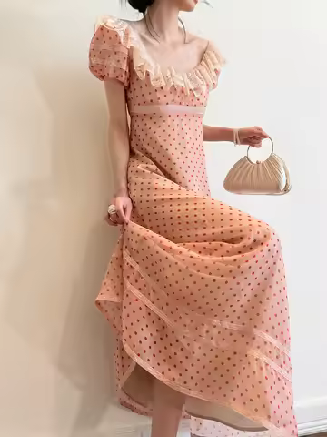 82-98cmBust Spring Summer Maxi Dresses Women French Vintage Lace Collar Empire Dresses Elegant Slimm