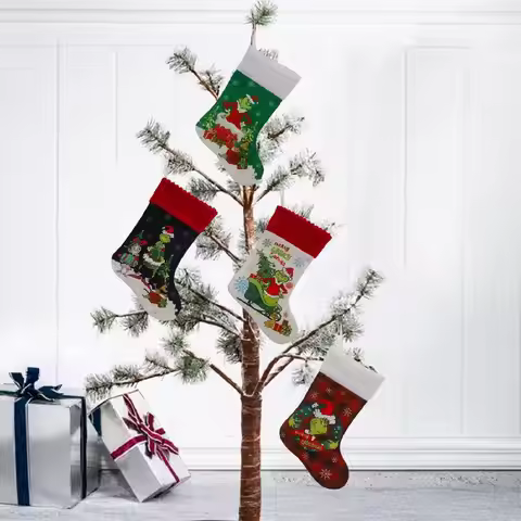 Christmas Stocking Grinch Sock Elf Gift Bag Cartoon Green Monster Hanging Ornament Fireplace Decor
