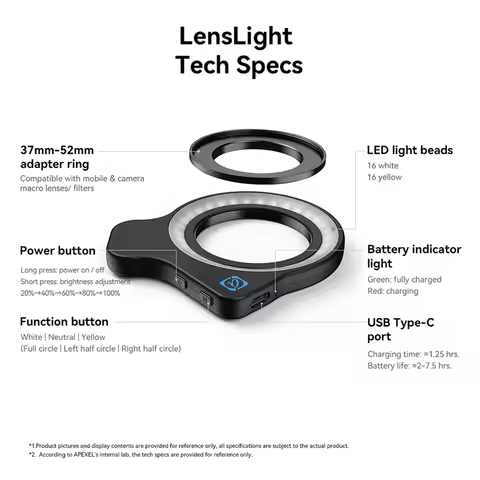 B68C Macro Lens Fill Light Ring Light 3 Colors 5 Levels 2700K-6500K 32LED Lamp Beads 45 Lighting Eff