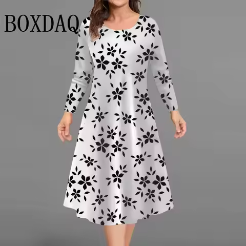 Women's Fashionable Casual O-Neck Floral Print Long Sleeve Dresses Women Plus Size Dress 2025 Trend 