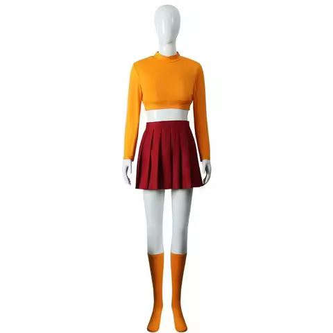 Halloween Velma Seragam Cosplay Kostum Orange Short Skirt Uniform Wanita Oranye Kaus Kaki Rok Atas H